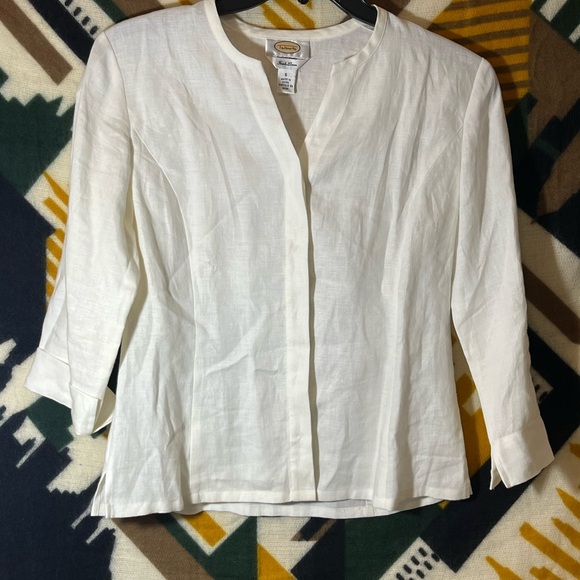 Talbots Tops - Talbots 100% Irish Linen Button Front Blouse White 3/4 Sleeves Size 6